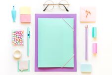 Stationery, Girl Set In Pastel Shades. On White Background, Flatlay, Isolated, Mock Up. Top View. Copy Space Stock Photography