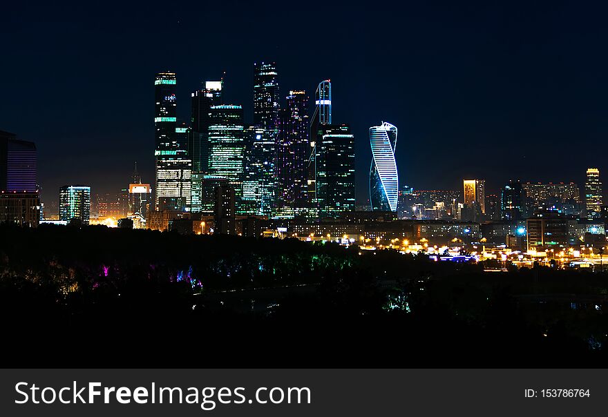 Modern city at night in Moscow, lights of the skyscraper. Modern city at night in Moscow, lights of the skyscraper