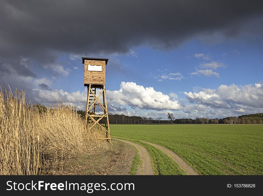 A high hide for hunters who can hunt wild boar and deer from up there. Seen at a wetland in Brandenburg, Germany
