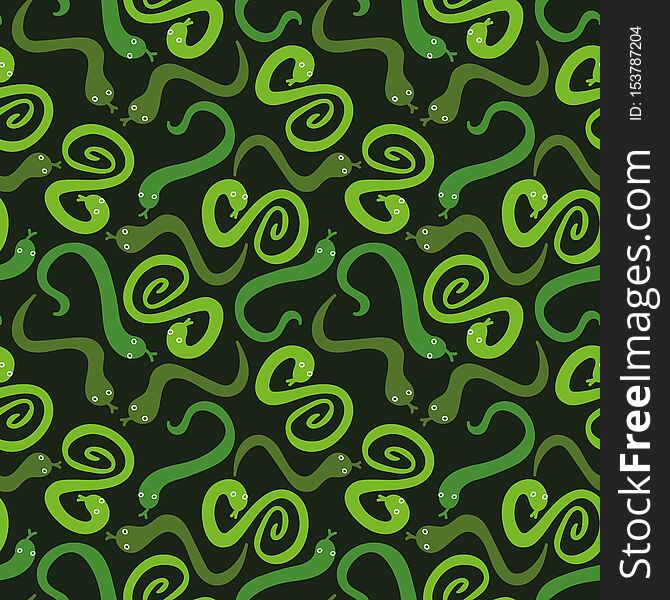 A seamless vector pattern with green snakes scattered on dark background. Srface print design.