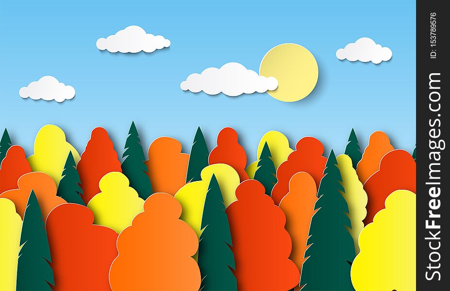 Autumn multi-colored trees on a sunny day. Sky, clouds, forest. Paper cut landscape. Layered design. Vector