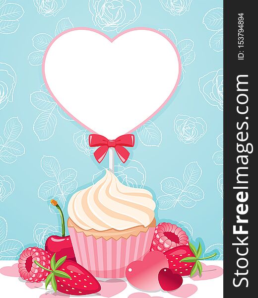 Cupcake with blank heart tag and berry fruit on blue background.valentine`s day. Cupcake with blank heart tag and berry fruit on blue background.valentine`s day.