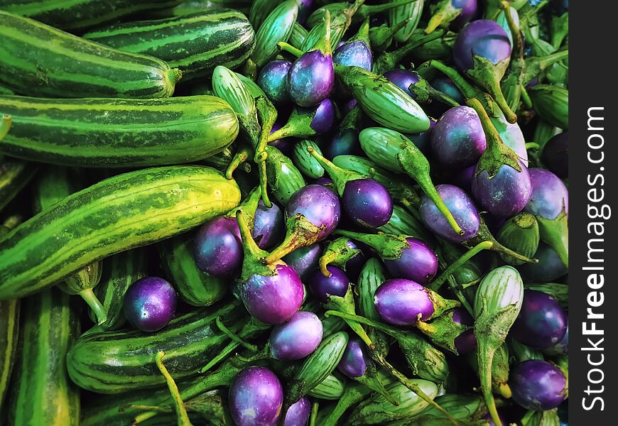 Pile of Purple Eggplants and Fresh Green Cucumbers with Selective Focus