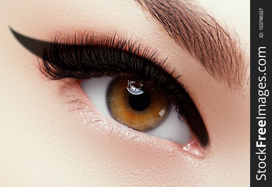 Eye Makeup . Closeup macro shot of fashion eyes visage. Close up of woman eye with beautiful brown with black shades