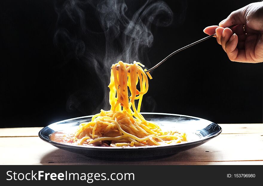 Hot Spaghetti Tomato Sauce - Homemade With Steam On Wooden Table And Dark Background. Hot Food Concept.