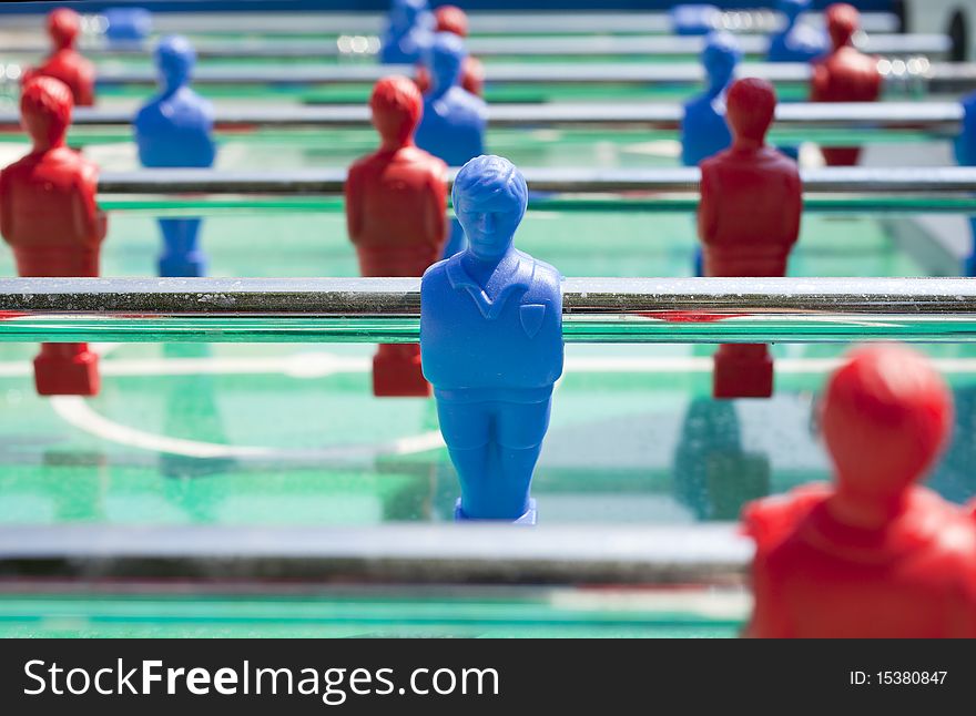 Close-up of a foosball table