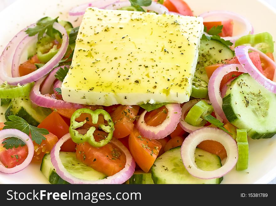 Traditional Greek salad close up.