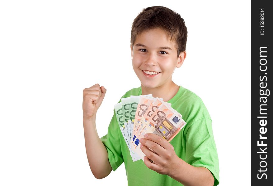 Happy boy with money in his hand-focus on the money