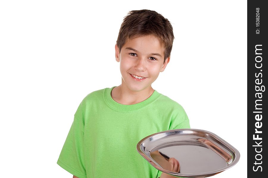 Happy boy with silver tray in his hand