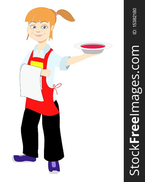 Girl waiter illustration with plate of food and towel