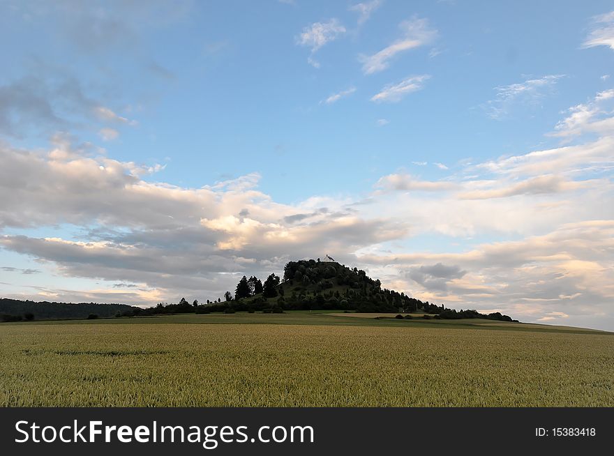 A rural field on the heights of the Swabian Alb, Baden-Wuerttemberg, south west Germany