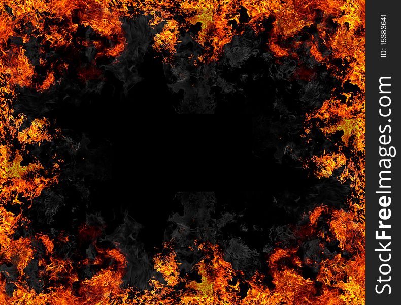 Collage with isolated fire on black background. Collage with isolated fire on black background
