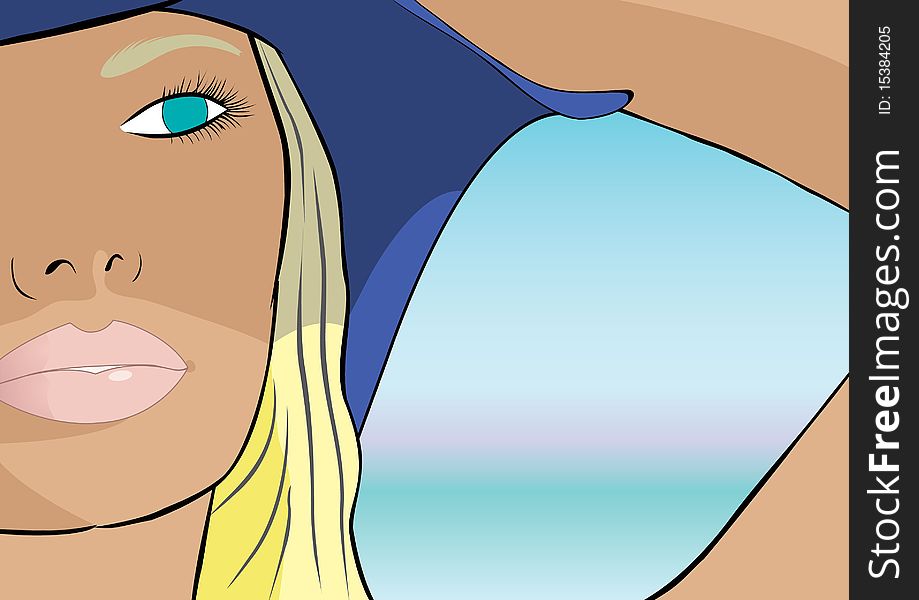 Close-up Illustration, featuring a blonde girl standing in front of sea, prepared in Adobe Illustrator CS5. Close-up Illustration, featuring a blonde girl standing in front of sea, prepared in Adobe Illustrator CS5