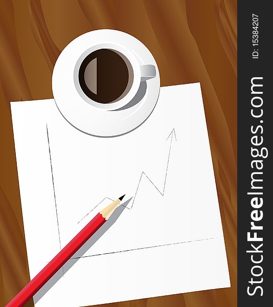 Illustration, featuring a cup, pencil and paper with growing diagram on wooden work table, prepared in Adobe Illustrator CS5. Illustration, featuring a cup, pencil and paper with growing diagram on wooden work table, prepared in Adobe Illustrator CS5