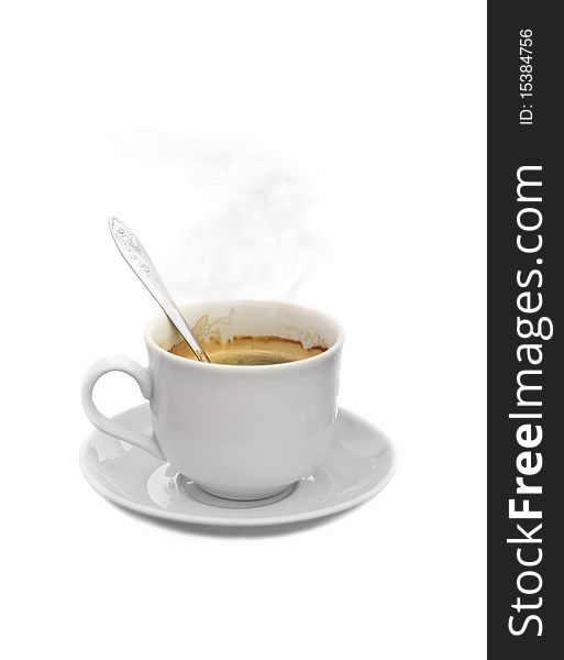 Natural brewed hot coffee in a cup with spoon isolated on white background. Natural brewed hot coffee in a cup with spoon isolated on white background