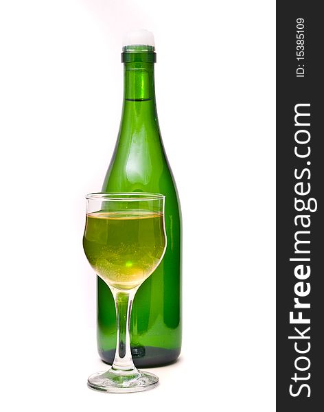 Wine bottle and glass on a white background