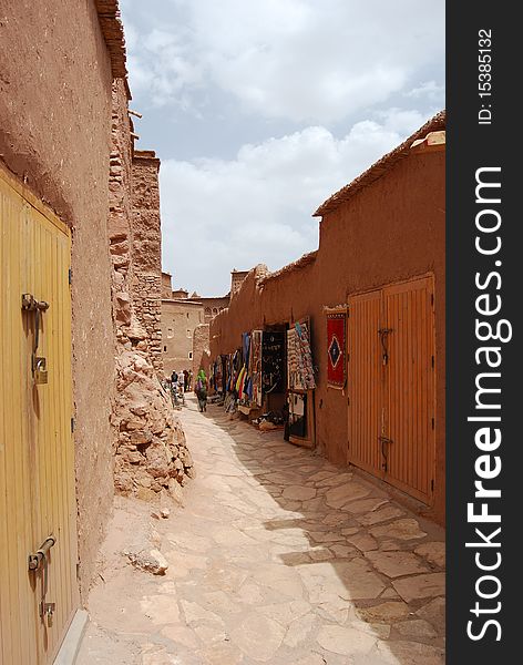 The narrow streets in the old city of Ait Benhaddou in Morocco