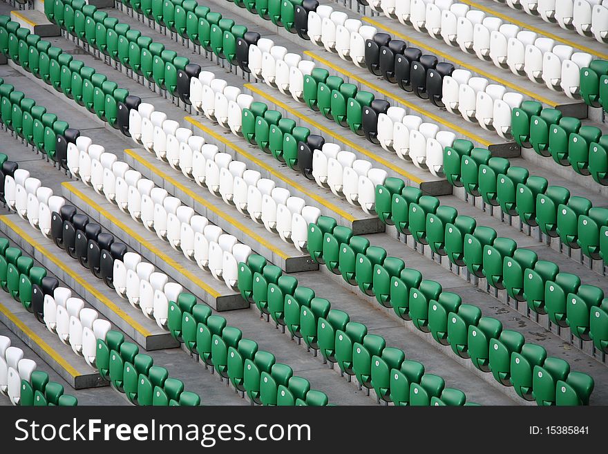 Rows of empty stadium seats.
Legia Warsaw New Stadium, Poland.