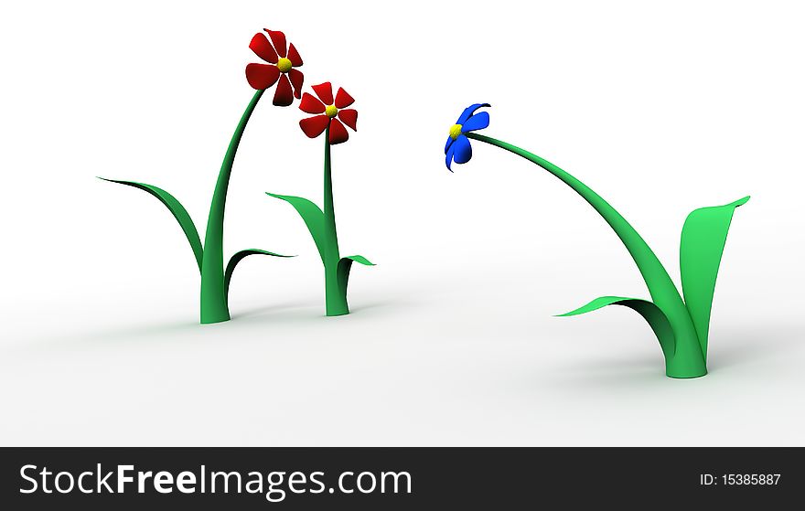 Two red with one blue isolated flowers. Two red with one blue isolated flowers