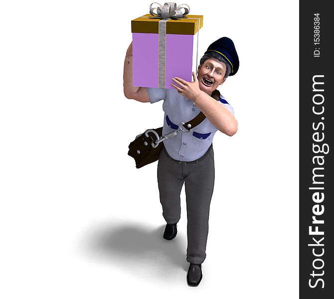 The mailman delievers a gift for you. 3D rendering with clipping path and shadow over white