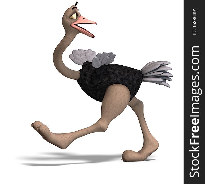 Cute toon ostrich gives so much fun. 3D rendering with clipping path and shadow over white
