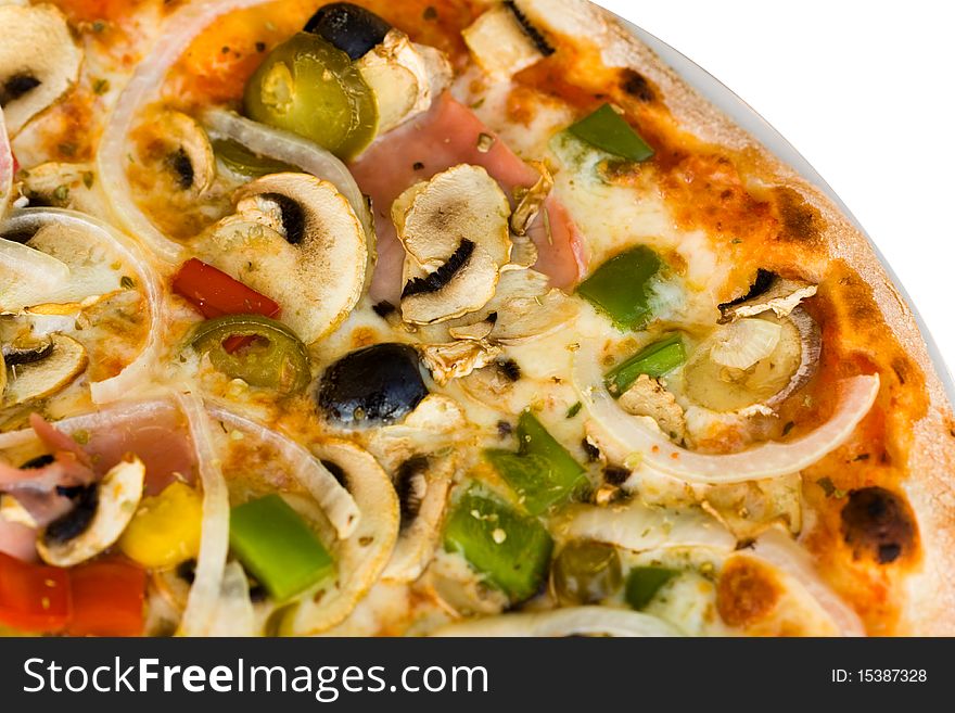 Delicious Pizza salami,mushrooms and vegetable ,Shallow depth-of-field . Isolated on white.