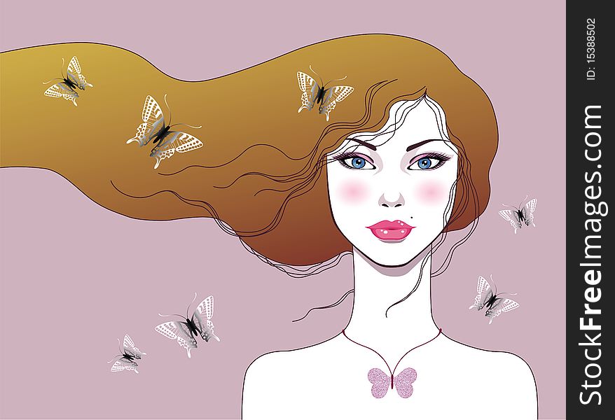 Beautiful girl with butterflies. Vector Illustration