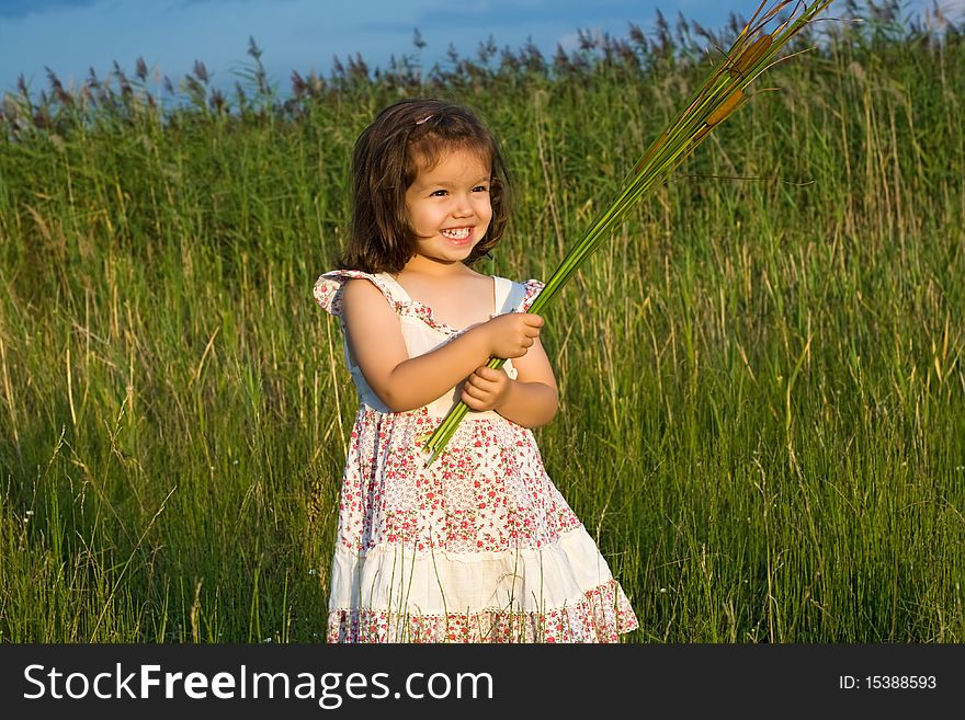 Happy little girl holding in her hands reeds. Happy little girl holding in her hands reeds