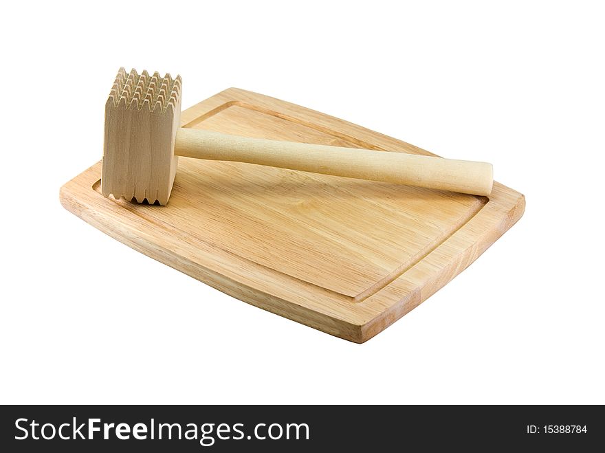 Kitchen Hammer On Chopping Board. It is isolated on a white background.