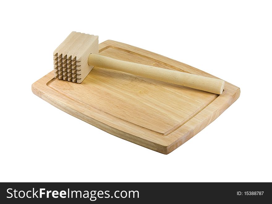 Kitchen Hammer On Chopping Board. It is isolated on a white background