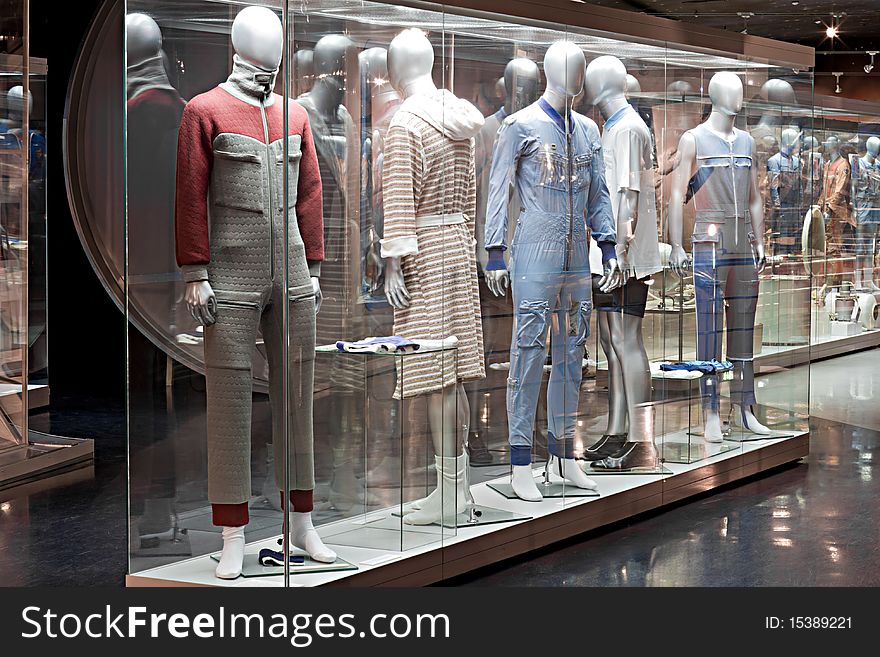 Clothing for the astronauts is shown on mannequins. Clothing for the astronauts is shown on mannequins