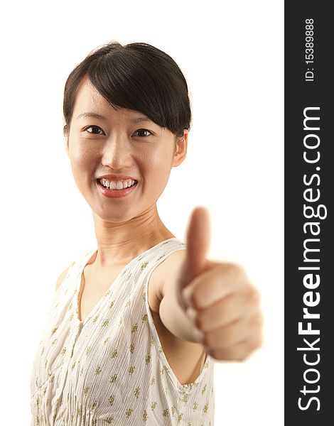 Woman showing thumb up isolated on white background