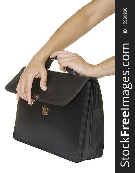 Hands close black briefcase on a white background