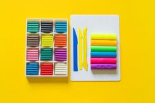 Stationery Flat Lay.Plasticine Rainbow Color Stack And Plastic Board. Back To School Stock Photography