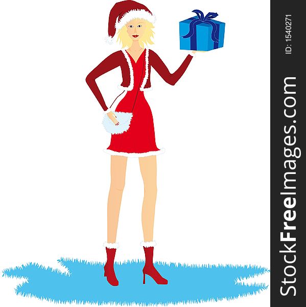 Girl in christmas suit with gift. Girl in christmas suit with gift