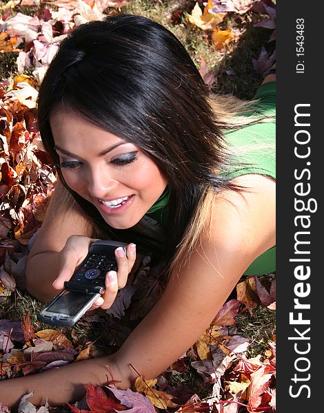 Autumn Scene Fall Woman With Cell Phone