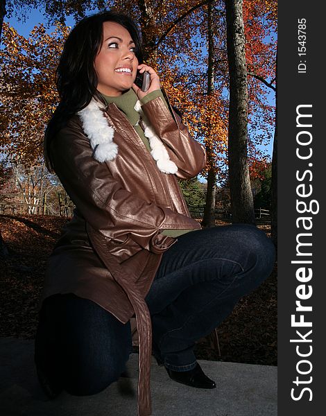 Autumn Scene Fall Woman With Cell Phone