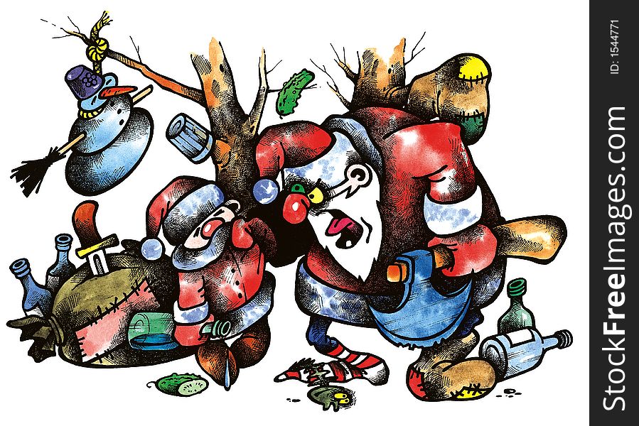 Cartoon illustration of drunk old and yong santa. Cartoon illustration of drunk old and yong santa