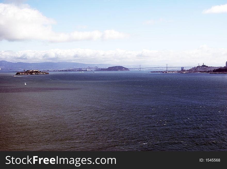 San Francisco Bay - view from Golden Gate Bridge, Bay Bridge in background. San Francisco Bay - view from Golden Gate Bridge, Bay Bridge in background