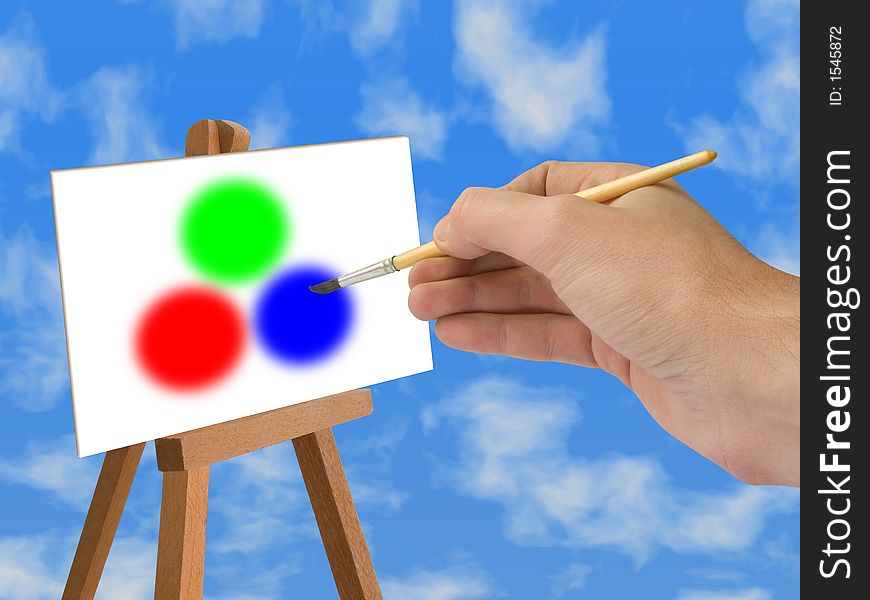 Red, Green, Blue (RGB model), hand with brush, sky