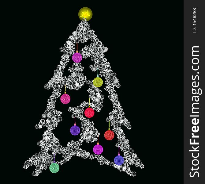 Christmas tree made up of individual snow flakes plus ornaments. Christmas tree made up of individual snow flakes plus ornaments