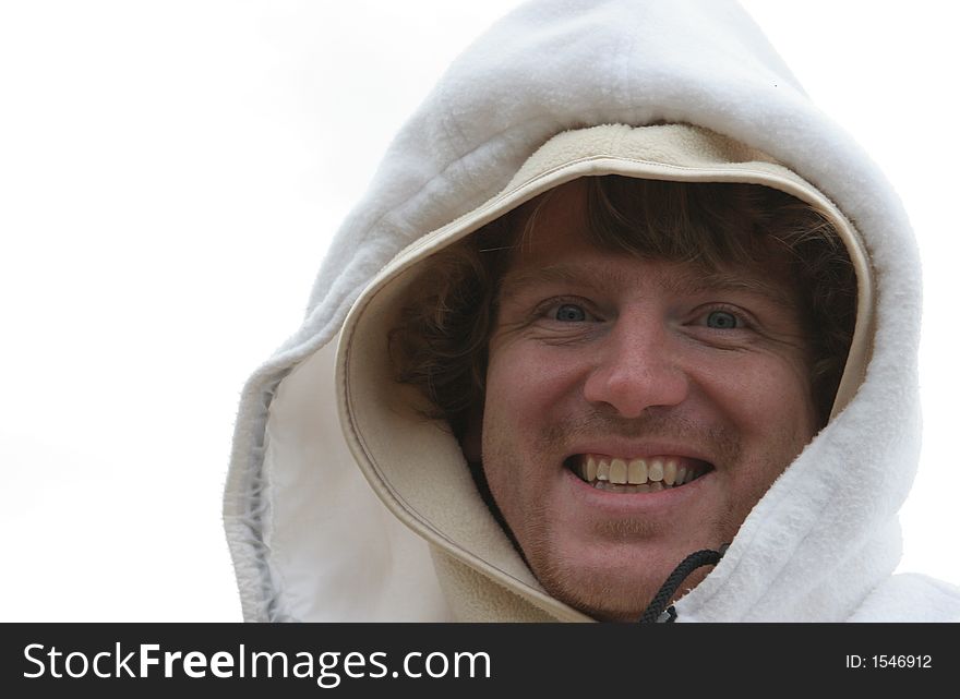 Smiling man wearing a white hoodie. Smiling man wearing a white hoodie