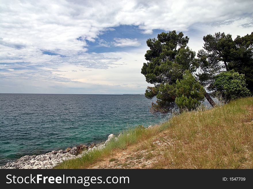 Beautiful turquoise sea with stormy sky and trees. Beautiful turquoise sea with stormy sky and trees
