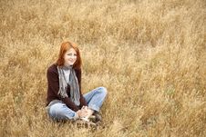 Beautiful Red-haired Girl At Yellow Autumn Grass. Stock Photography Beautiful Red-haired Girl At Yellow Autumn Grass. Stock Photography