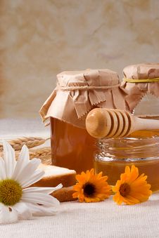 Flowers And Honey On Bagging Stock Photo Flowers And Honey On Bagging Stock Photo