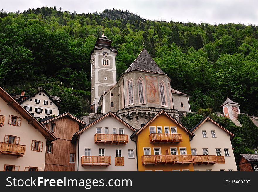 The two famous churches of Hallstatt, UNESCO heritage site, which are on the hillside about the lake. The two famous churches of Hallstatt, UNESCO heritage site, which are on the hillside about the lake.