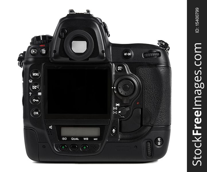 Back of professional digital camera isolated over white background