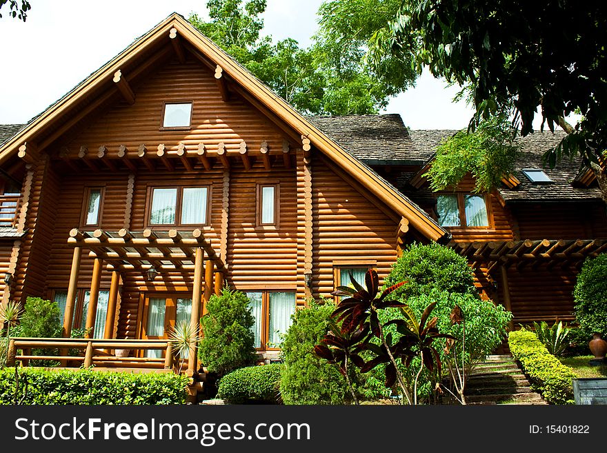 A log home in a village