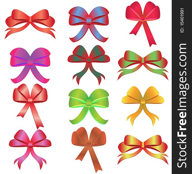 Multi-coloured bows on a white background