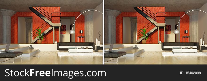 Modern interior left/right images for stereo technology. Modern interior left/right images for stereo technology